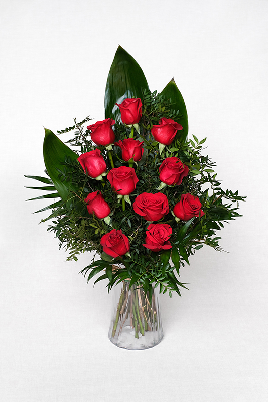 Ram de 12 roses vermelles amb aspidistra, leder i mata