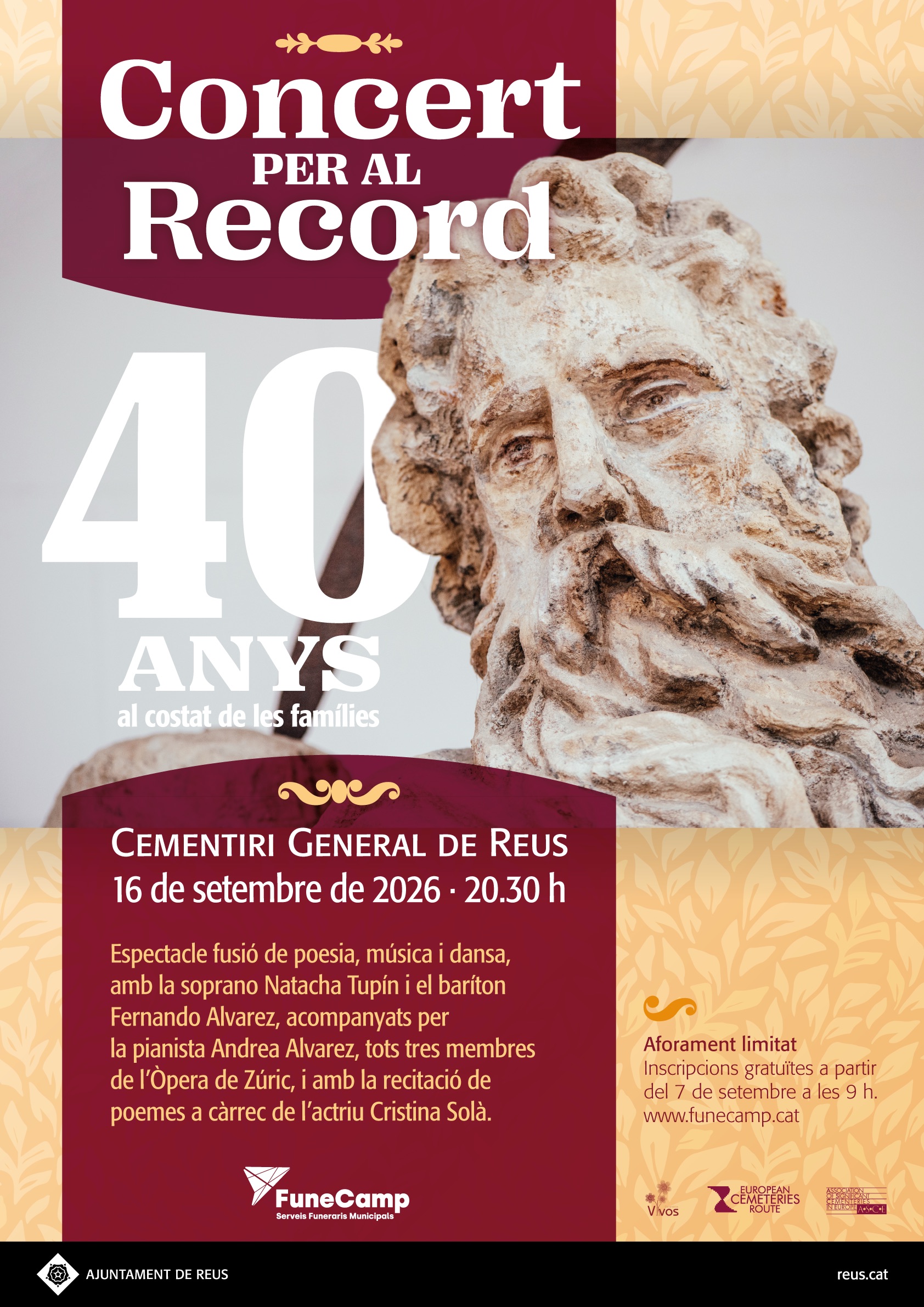 FuneCamp, Serveis Funeraris Municipals, S.A., organitza el proper 16 de setembre de 2026, a les 20:30 hores, una nova edició del “Concert per al Record” al Cementiri General de Reus